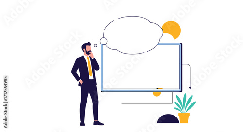 Business professional contemplating ideas in front of a blank whiteboard.