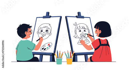 Children painting portraits at easels with art supplies.