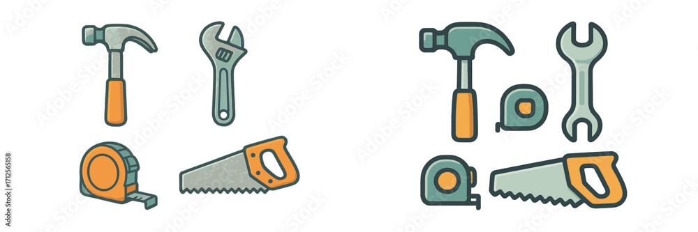 Fototapeta premium Collection of hand tools including hammers, wrenches, and saws on a white background, perfect for DIY projects and repairs