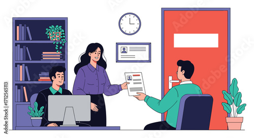Job interview process with candidate and interviewer in office.
