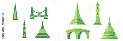Unique green architectural structures representing diverse styles and cultures from around the world