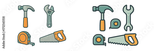 Collection of hand tools including hammers, wrenches, and saws on a white background, perfect for DIY projects and repairs