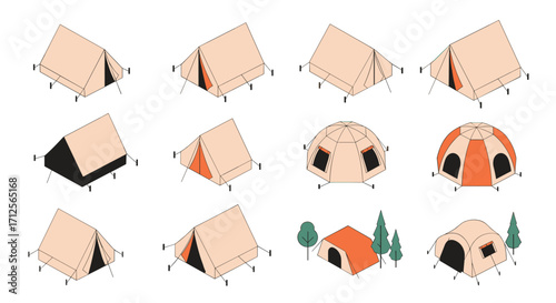 Collection of various tent designs for outdoor adventures and camping trips.