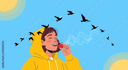 Happy Person Whistling, Birds Flying, Dreamy Feeling, Summer Sky, Freedom and Happiness