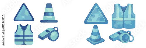 Blue safety tools including vests, cones, and whistles for traffic management