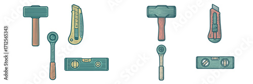 Various hand tools including hammers, cutters, and levels for diy projects or construction work