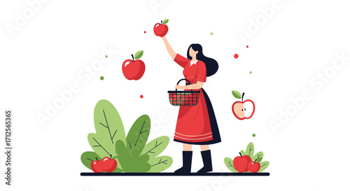 Harvesting Apples: A Vibrant Vector Illustration of Orchard Gathering and Fresh Fruit