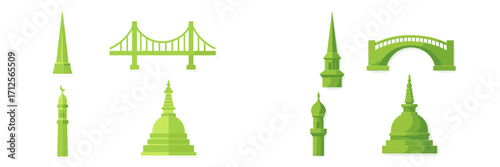 Colorful green architectural shapes including bridges and towers in minimalistic design displayed on a white background