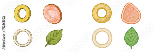 Different shapes and colors of food ingredients arranged neatly on a surface for culinary use