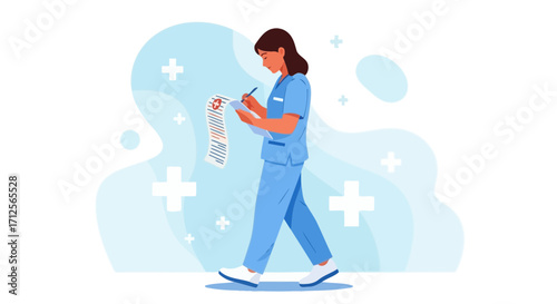 Healthcare Professional Reviewing Medical Records in Modern Hospital Setting, Vector Illustration