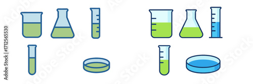 Science laboratory equipment featuring different types of glassware and liquids in various containers displayed on a clean surface