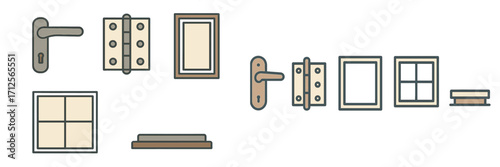 Collection of door and window components including handles, hinges, frames, and panels in a simple design layout