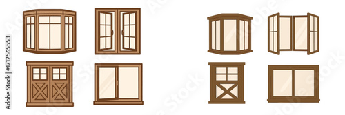Various types of wooden window designs displayed in a grid format for architectural inspiration and design ideas
