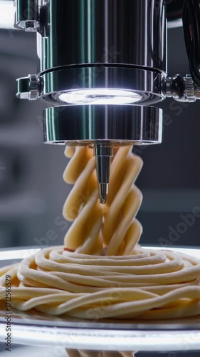 Industrial food extrusion machine extruding long swirling strands of pasta onto a rotating plate, creating a visually appealing pattern in a modern food production facility