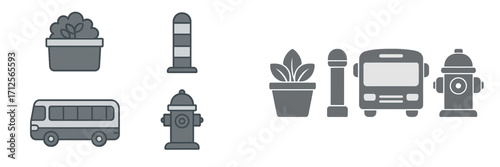 Urban elements including plants, traffic lights, and public transportation in a city setting during daylight hours