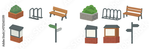Various urban furniture items and landscaping elements for community spaces at a public park in a city