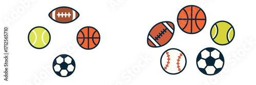 Different sports balls arranged in a creative design on a plain background