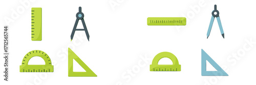 Colorful geometry tools displayed on a white background for educational purposes