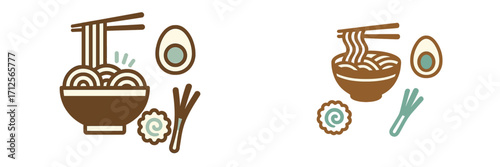 Noodles with green onions and egg in a bowl along with garnish on a clean white background