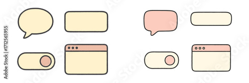 Design elements for user interface showcasing dialogue bubbles and toggle switches in pastel colors