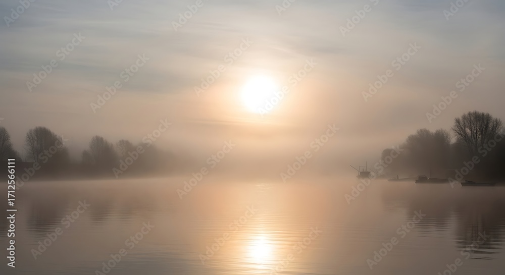 Obraz premium Golden Sunrise Over Misty Lake - A Serene Landscape.