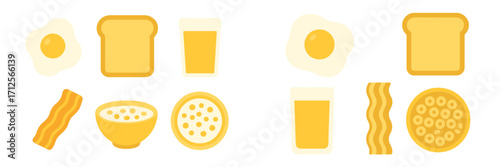 Breakfast spread featuring eggs, toast, bacon, and cereal in bright yellow tones designed for a cheerful meal setting