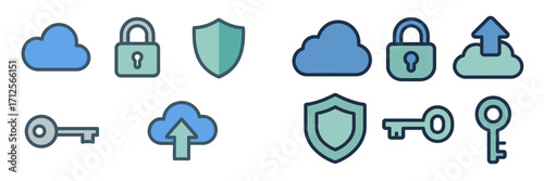 Icons representing cloud security features including locks, keys, and shields for data protection in digital environments
