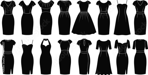Black Dress Silhouette Vector Set Featuring 16 Unique Styles with Varied Necklines, Sleeves, and Skirt Shapes for Fashion Design