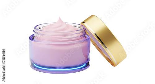 Illustration of cosmetic cream in a glass jar with a gold lid isolated on transparent background