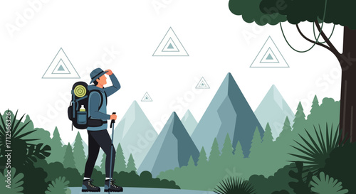 Hiker Observes Majestic Mountain View, Enjoys Forest Serenity, Ready For Adventure, Outdoors