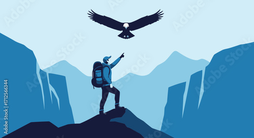 Hiker Observing Soaring Eagle Above Rocky Peaks Amidst Azure Mountain Landscape Vista View