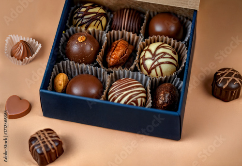 Elegant box of assorted pralines with handmade chocolates on a beige background