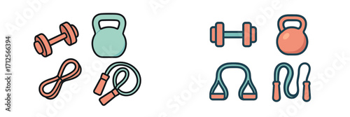 Exercise equipment collection featuring weights, resistance bands, and kettlebells for a complete workout setup