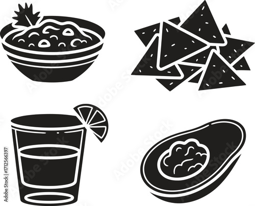Mexican food icons avocado guacamole nachos and tequila shot