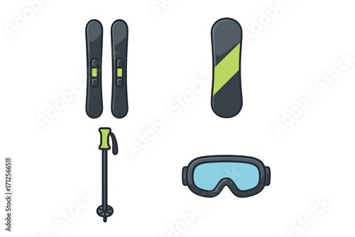 Ski and snowboard gear displayed on a clean white background for winter sports enthusiasts