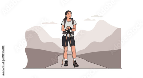 Hiker Standing, Exploring Terrain, Contemplating Destination, Enjoying Mountain Scenery Adventure