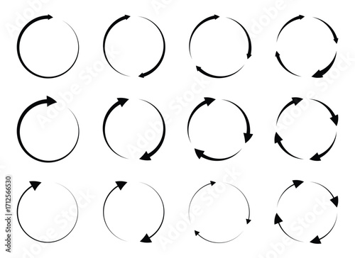 Set of arrows. Circle arrows. Circular process, rotate infographic element. Vector illustration web design. Vector elements. Black loading symbol.  