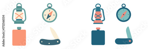 Vintage camping gear including a lantern, compass, knife, and flask displayed for outdoor adventures