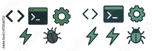 Design of computer programming icons illustrating debugging and coding tasks in a modern and simple style