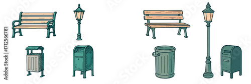 Collection of outdoor furniture and fixtures for parks and public spaces featuring benches, lamps, and trash bins
