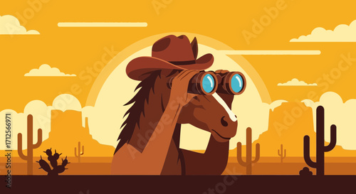 Horse Observing The Distant Landscape Through Binoculars During The Desert Sunset