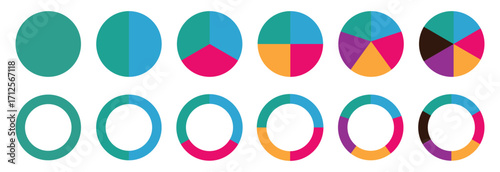 Pie charts diagrams. Different color circles isolated. Pie charts diagrams. Pie chart set. Circle section graph. Different color circles isolated.  