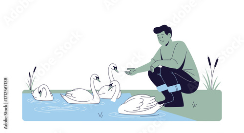 Human Interacting Peacefully With Graceful Swans On Serene Waterside Surroundings