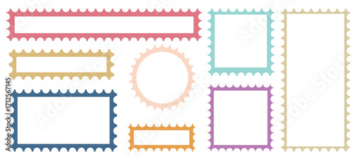  Wavy frame set, hand drawn border color collection. Cute minimal hand drawn square, circle blank kit. Set of postage stamp sharp straight edge frames. 