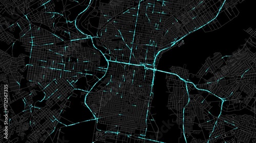 Urban Traffic Flow Map Simulation in Philadelphia, Pennsylvania, GPS Smart city route Transportation