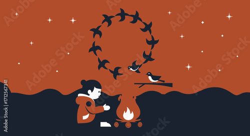 Gathering By The Campfire Under The Stars Observing The Bird's Flight At Dusk