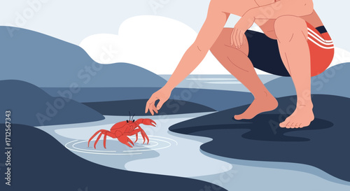 Human Interacting With A Crab Near Water, Colorful Illustration in a Flat Style