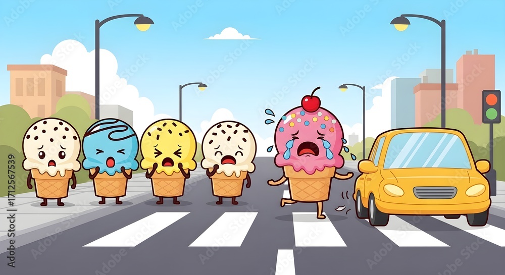 Naklejka premium Crying Ice Cream Cone Hit by Car on Crosswalk