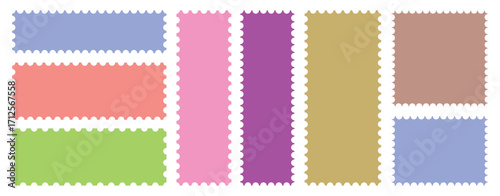 Set of coloring postage stamp Edge Rectangle, Vector Jagged Geometric Shapes. Mockup postage stamps. Post stamp frames and borders.  