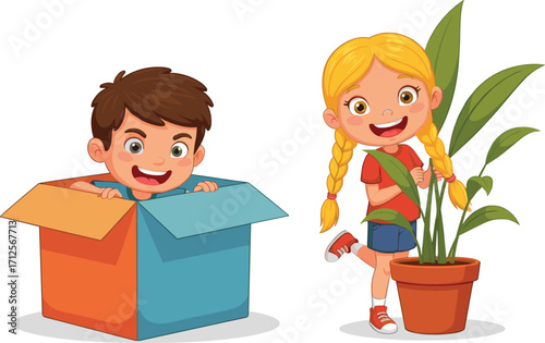 Cartoon children playing indoors, cardboard box fun, potted plant interaction, happy kids, imaginative activity, colorful scene, joyful childhood, home playtime